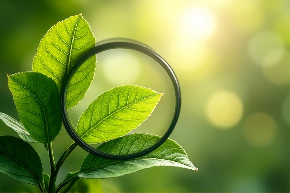 Abstract image representing quality control with stylized leaves and a magnifying glass