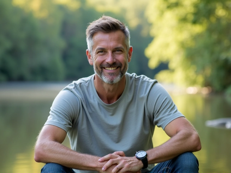 A man with a clear, focused expression, embodying mental clarity and energy, in a calm, natural setting.