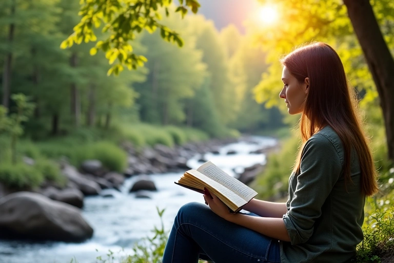 Person reading a book in a serene natural setting