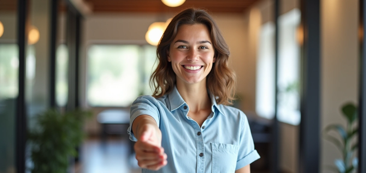 Friendly person extending a handshake in a modern office