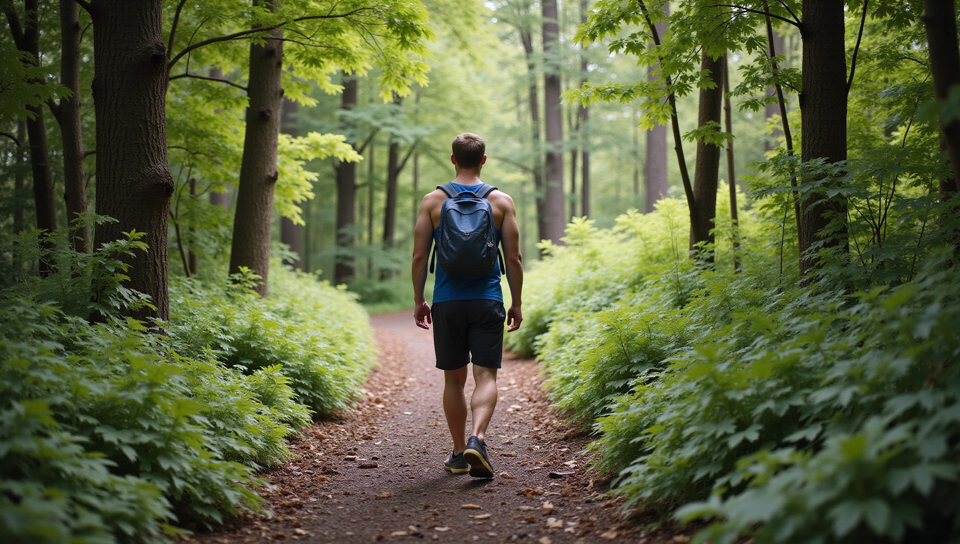 A healthy, active man hiking in a lush forest, embodying vitality and endurance.