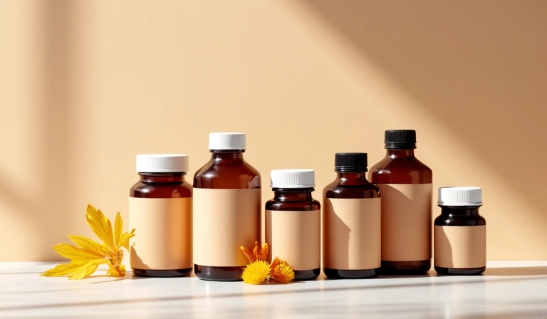 Clean, modern image of supplement bottles with earthy labels, arranged aesthetically.